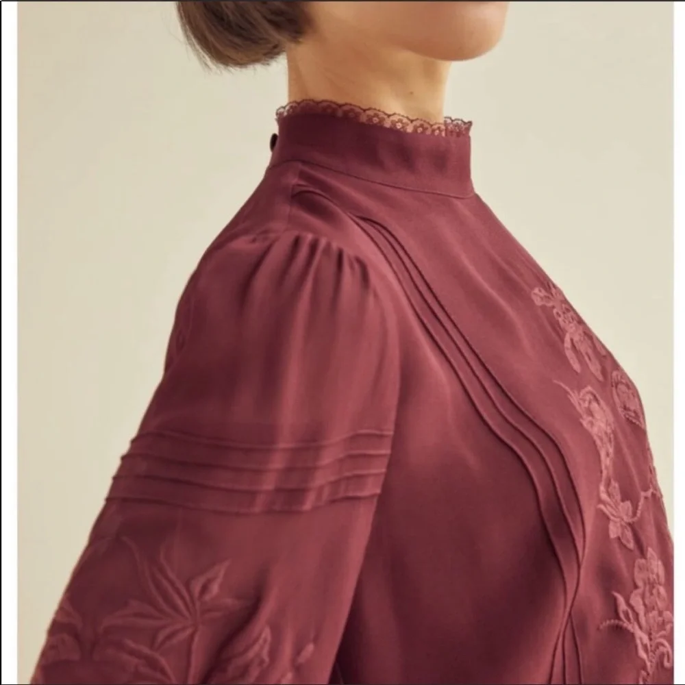 Reformation Burgundy Embroidered High-Neck Blouse